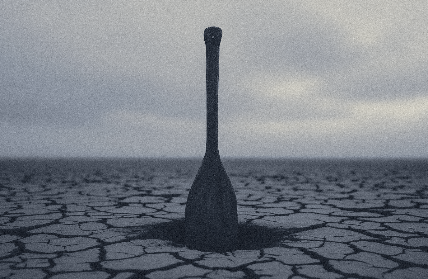 The weathered blade of a wooden oar standing upright in dry inland soil, far from any water, in flat grey light.