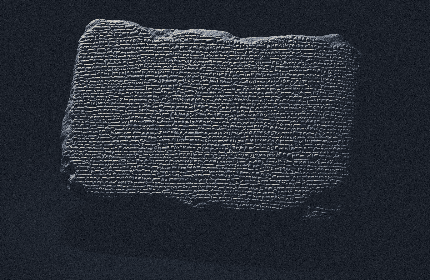 Generated impression of a small clay cuneiform tablet covered in tight rows of wedge script, resting on a neutral dark surface.