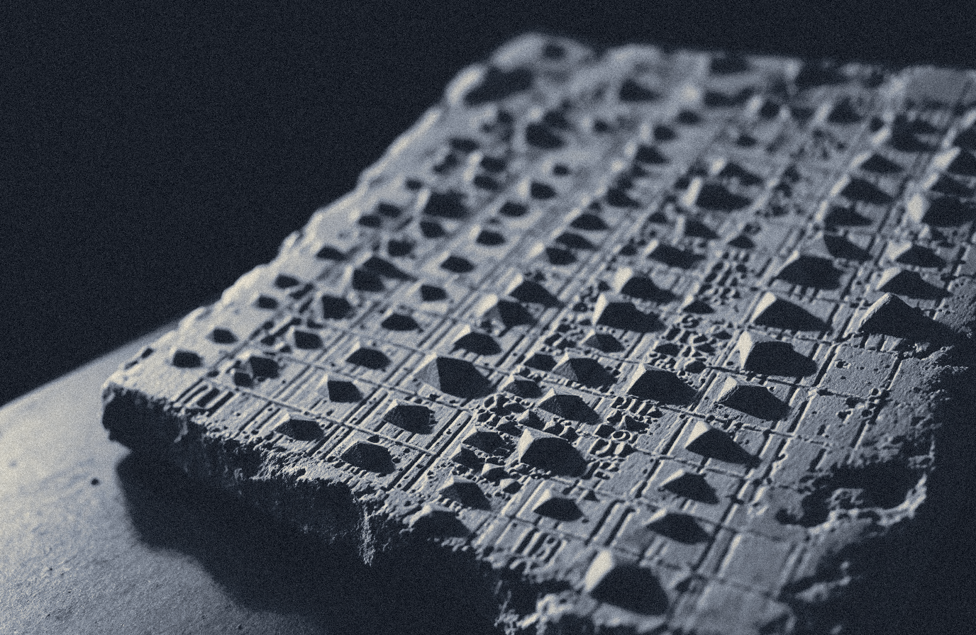Generated impression of a cuneiform tablet ruled into a grid of columns and rows of numerals, evoking a mathematical table.